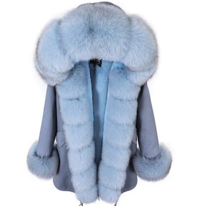 2023 Winter Women Coat Natural Fox Fur Collar Cuff Black Jackets